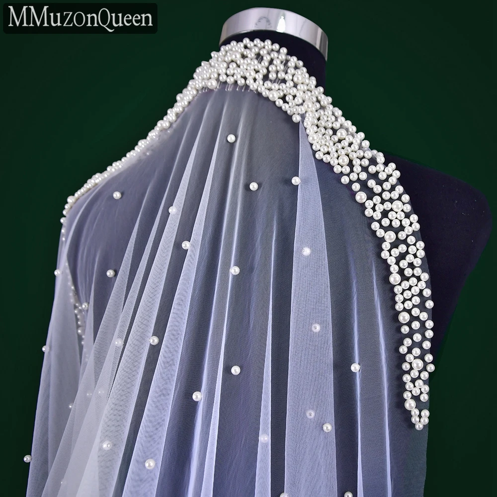 

MMQ M29 Pearls Cathedral Wedding Veil With Comb Beaded Veils for Bride 1 Tier Soft Tulle Long Bead Wedding Accessories