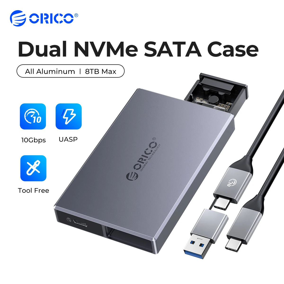 

ORICO Aluminum Alloy Dual Bay Dual NVMe M2 SSD Case Support M.2 NVMe SSD Disk For M Key B&M Key SSD Tool Free Enclosure