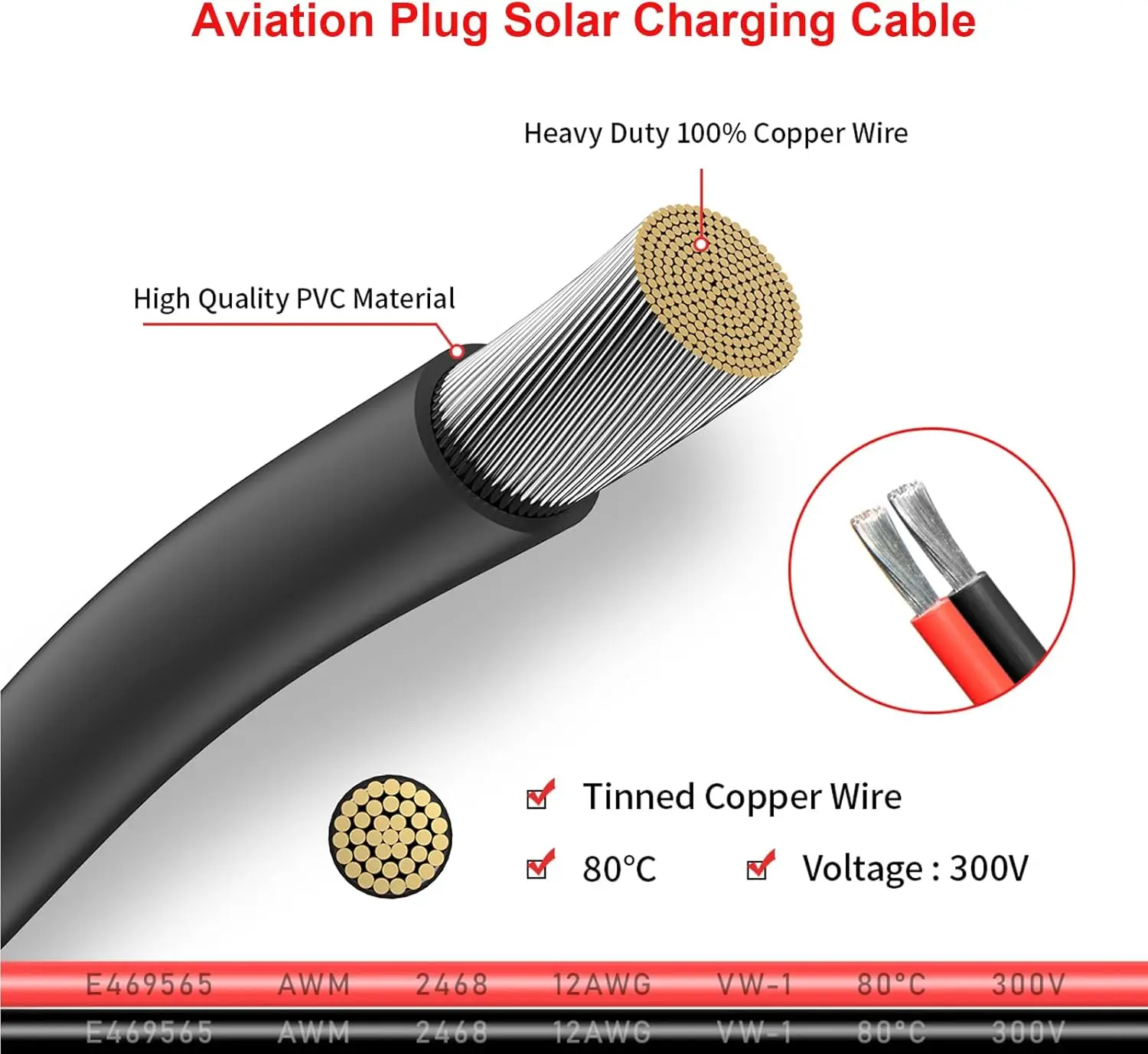 항공 플러그-태양광 패널 케이블, 12AWG 2FT 태양광-항공 커넥터 12V/30A 휴대용 발전소 AC200MA와 호환 가능
