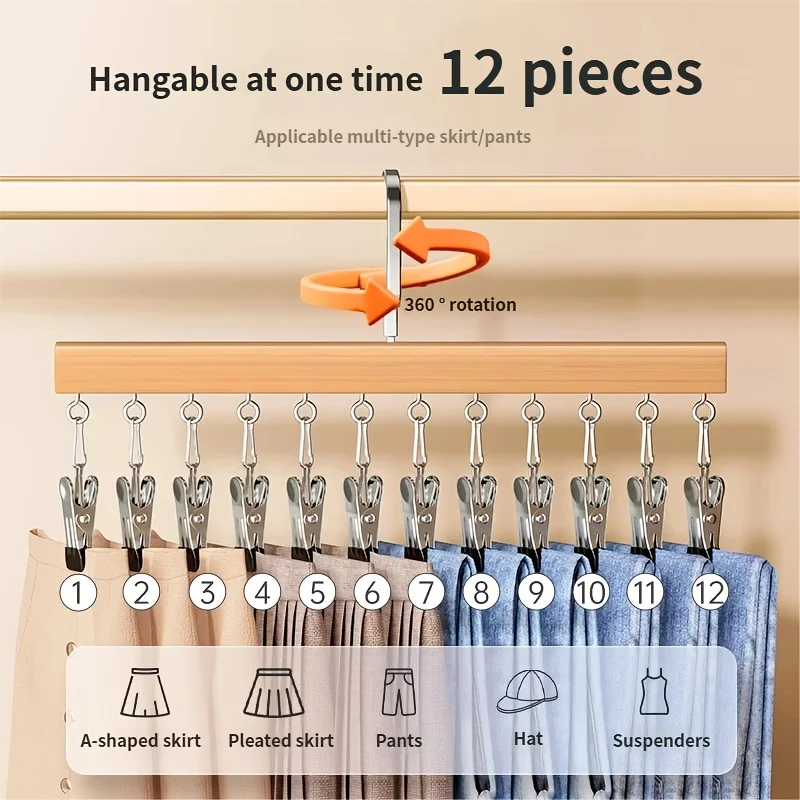 12-Clip Leggings-Organizer für den Kleiderschrank, Holz-Kleiderbügel für Leggings, Platzsparender Multi-Clip-Bügel für Hosen und Schals – Detail 9