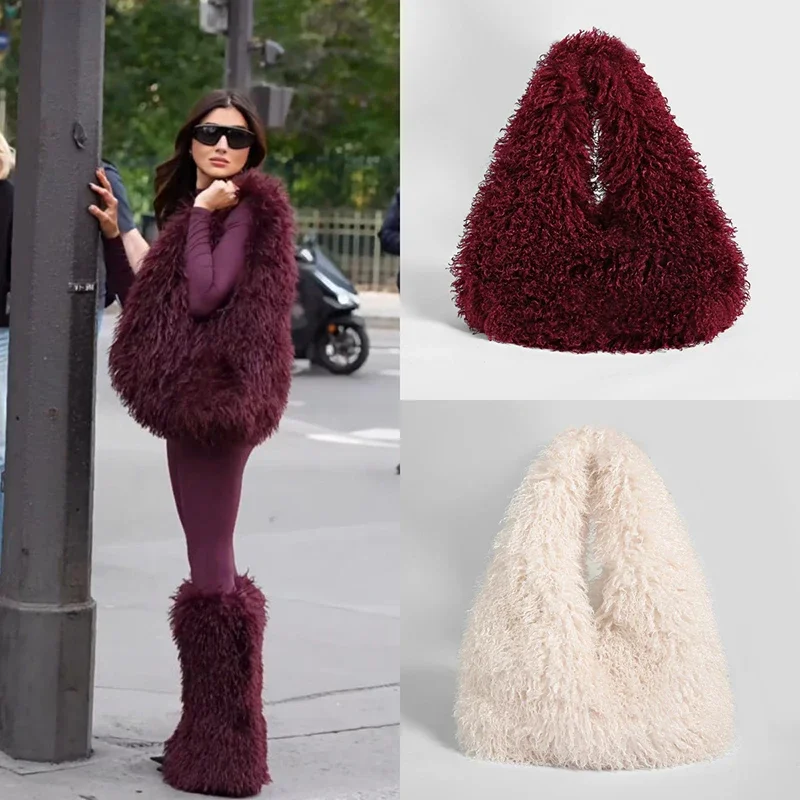 Borsa a Tracolla in Peluche Lungo Stile Europeo-Americano, Grande Capacità, Finta Lana, Forma Triangolare, Borsa Casual Monocolore alla Moda - immagine 5