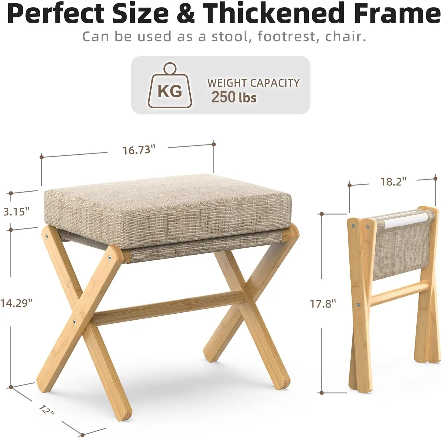 Foldable Foot Stool Ottoman, Modern Foot Rest with Bamboo X Legs & Thick Foam Cushion, Folding Foot Stools Small Padded