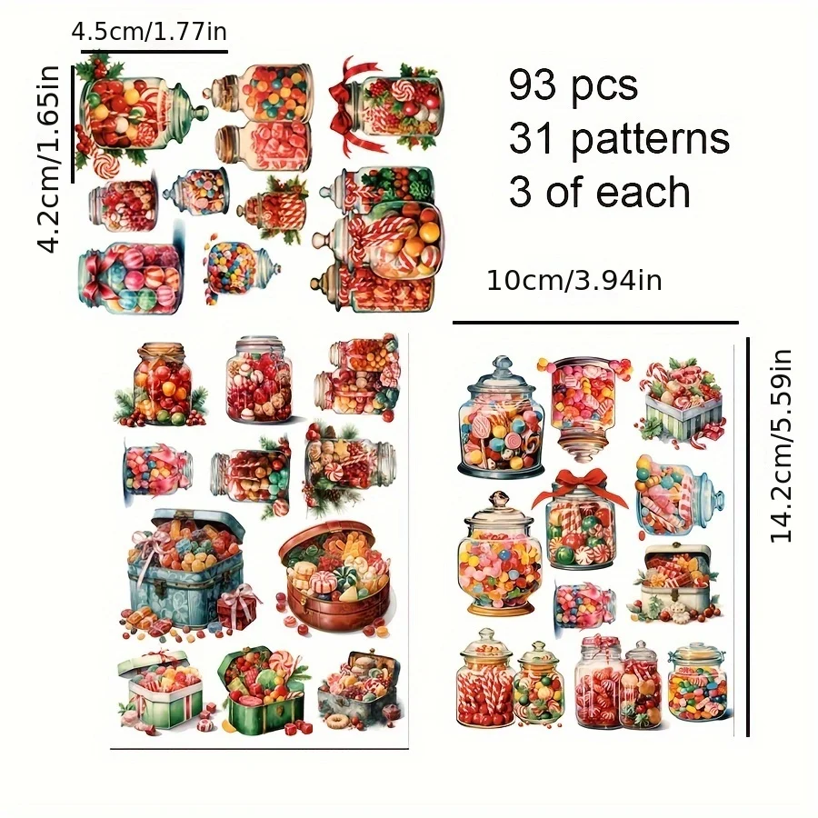 JAIIMAN90pcs-99pcs Weihnachtsaufkleber mit Waldtier-Einmachgläsern, Bonbonglas, Schneedight-Topf, goldene Flaschenmuster, Junkjournal