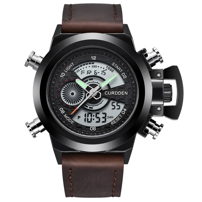 Men Original CURDDEN Brand Dual Time Watches Fashion Leather Band Chronograph Military Multi-function Sports Watch Reloj Hombre