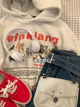 Women's cat and dog printed sportswear loose hoodie casual hooded top American street retro sportswear 4