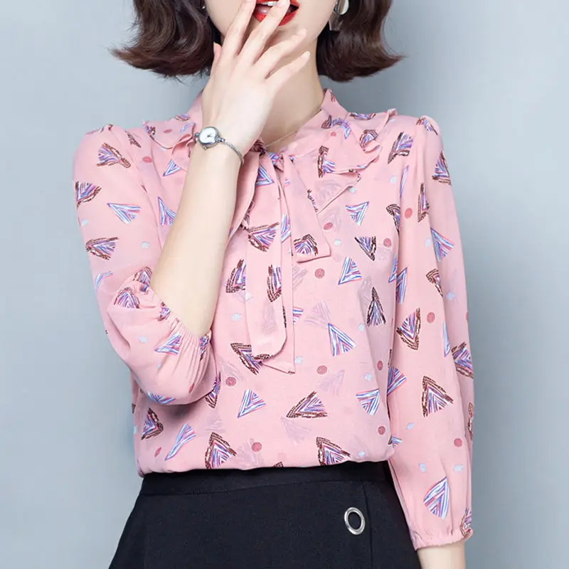Office Lady All-match Fashion Geometry Printed Blouse New Summer Women's Clothing Elegant Scarf Collar Chiffon Shirt Pullovers