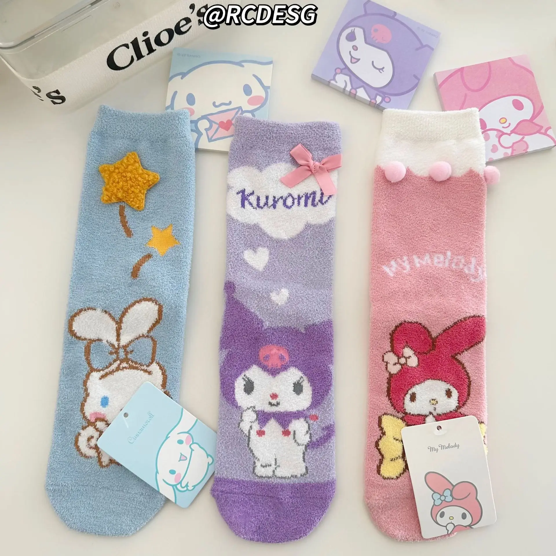 

Kawaii Sanrio Plush Socks Cinnamoroll Kuromi Mymelody Cartoon Anime Socks Autumn/winter Floor Socks Soft Breathable Socks Girl