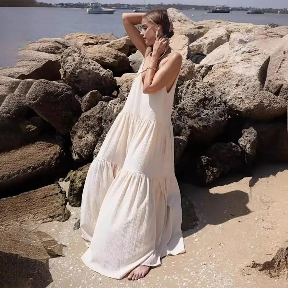 

Женское свободное платье для отпуска, ТРАПЕЦИЕВИДНОЕ ПЛАТЬЕ С Глубоким V-образным вырезом и открытой спиной, сарафан до пола, курортная одежда, плиссированное платье без рукавов на бретелях