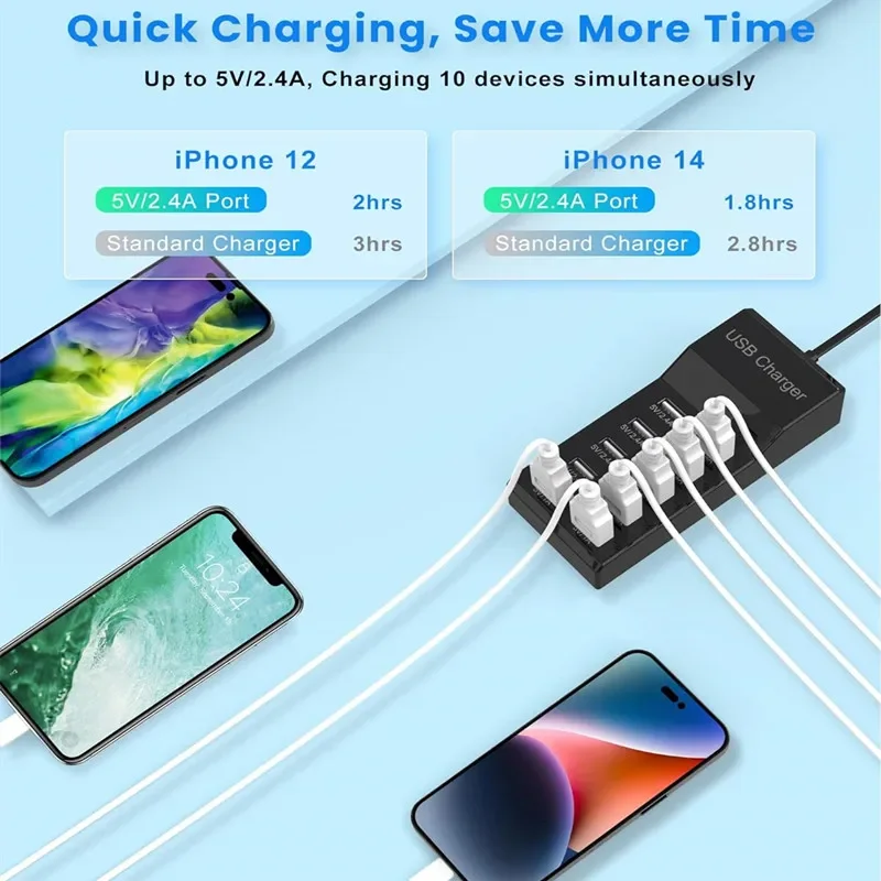 Family Iphone Charging Hub USB Charging Station 10 Port Charger