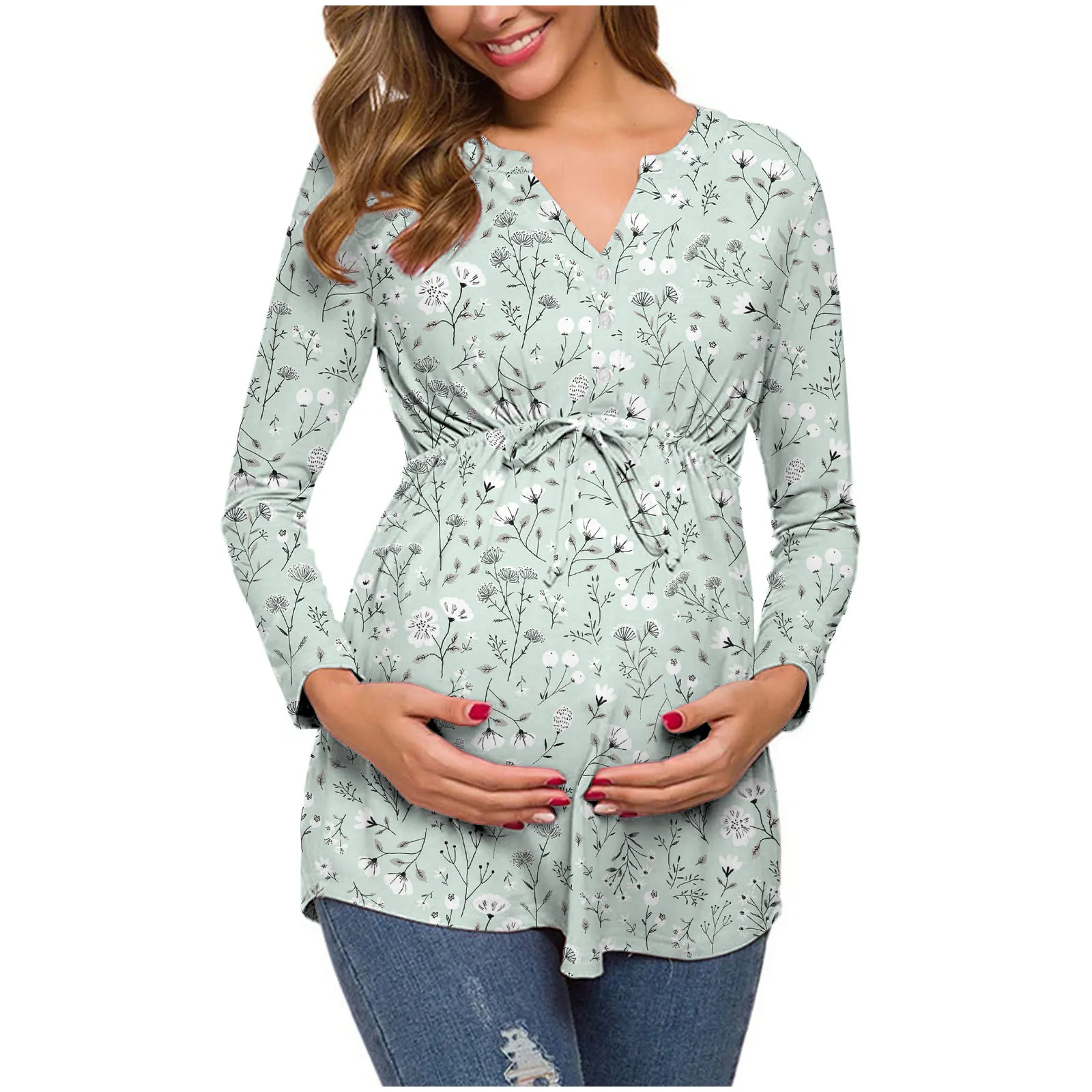 Women's Maternity Tops Spring Autumn Long-sleeved V-neck cotton Maternity Dress Comfortable Breathable Printed Nursing Top lactation Dress