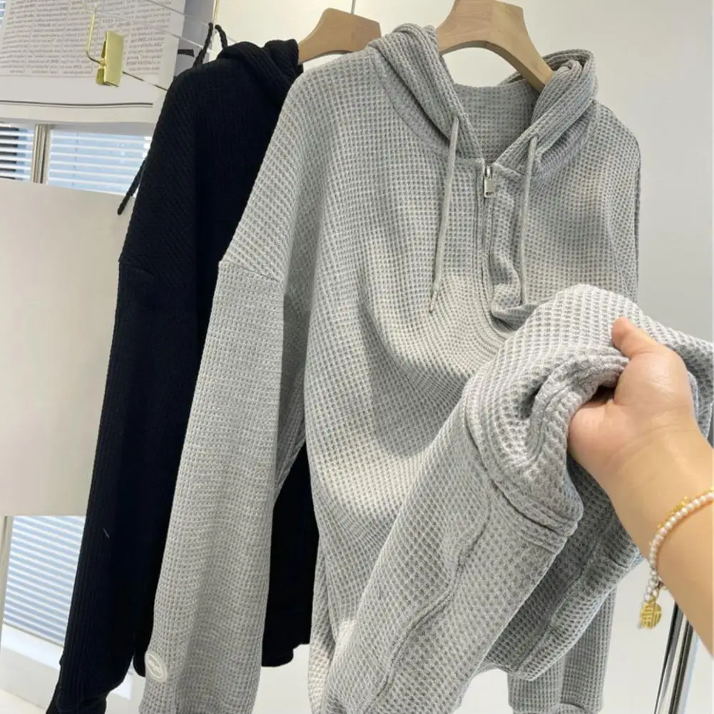 

Women Hooded Coat Spring Autumn Waffle Texture Sweatshirt Coat Solid Color Drawstring Long Sleeve Pockets Zipper Placket Jacket