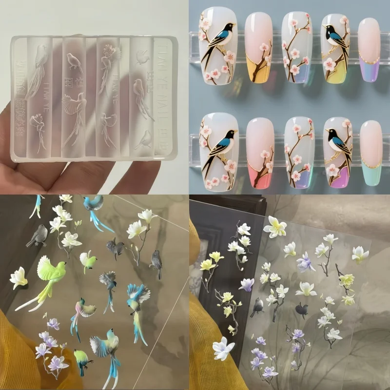 열대 숲 테마 네일 아트 몰드 3D 새 잎 디자인 투명 실리콘 몰드 네일 장