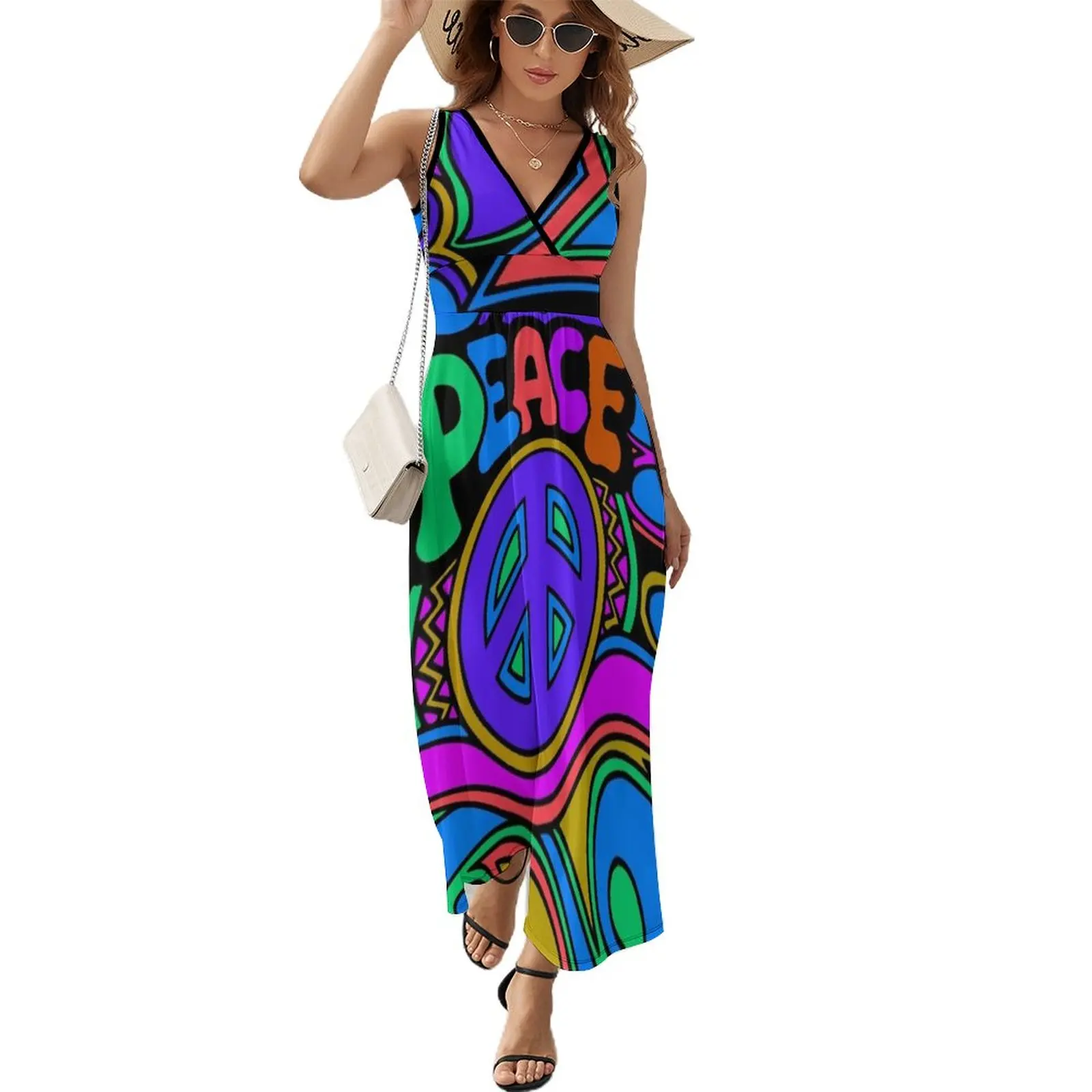 

Peace and Love Flowers and Stars Hippie Design Sleeveless Dress beach dresses summer dresses womens 2024 clothes for woman