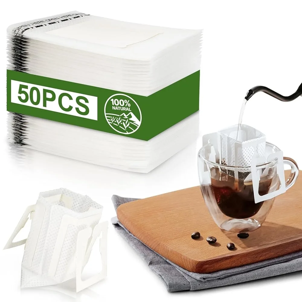50/100 Stück tragbare hängende Ohrtropf-Kaffeebeutel, Einweg-Übergießen, Filterbeutel für Camping, Rucksackreisen im Freien – Detail 2