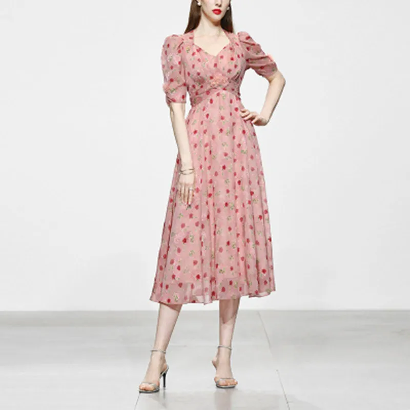

Summer 2023 High End Women's Short Sleeve V-neck Printed Flower Chiffon Dress Casual Elegant Party A-Line Dresses Vestidos