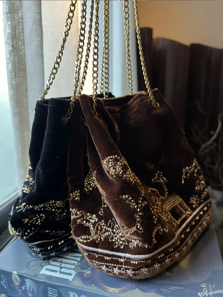 NEW Velvet Embroidered Handmade Commuting Underarm New Shoulder Bag Women Artistic Ancient Style Black Tote Bag