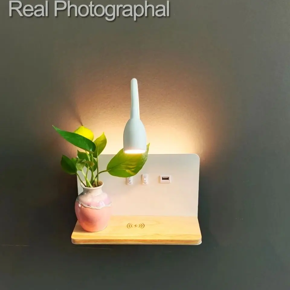 Minimalist Wooden Wireless Charging Wall Lamp USB Charging Dual Control Switch LED Indoor Bedside Study Room Living Room Light