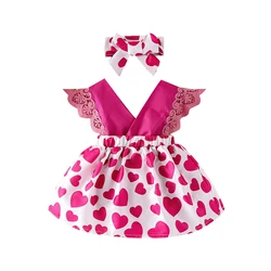 Tenue d'été en coton imprimé pour nouveau né, 2 pièces, vêtements pour bébé fille, en dentelle, à volants, manches volantées, col en v, body, bandeau avec nœud 
