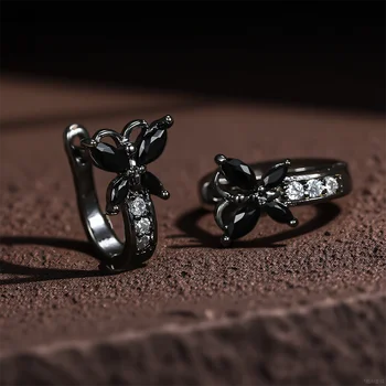 Vintage Black Zircon Cute Small Butterfly Hoop Earrings For Women Black Metal Color Ear Buckle Wedding Jewelry Versatile Gifts