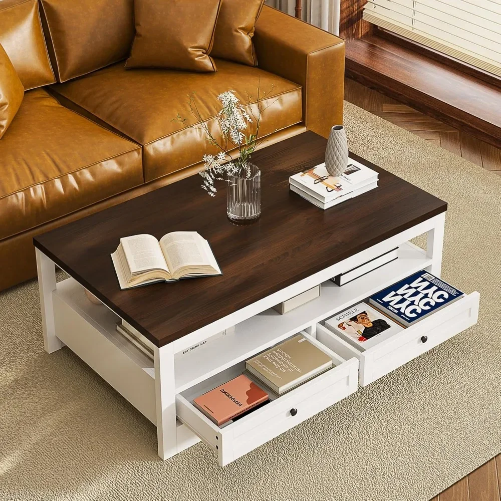 Farmhouse Coffee Table with Storage, 47.6" Coffee Tables with 4 Large Drawers, Spacious Tables, Top Center Table for Living Room 5