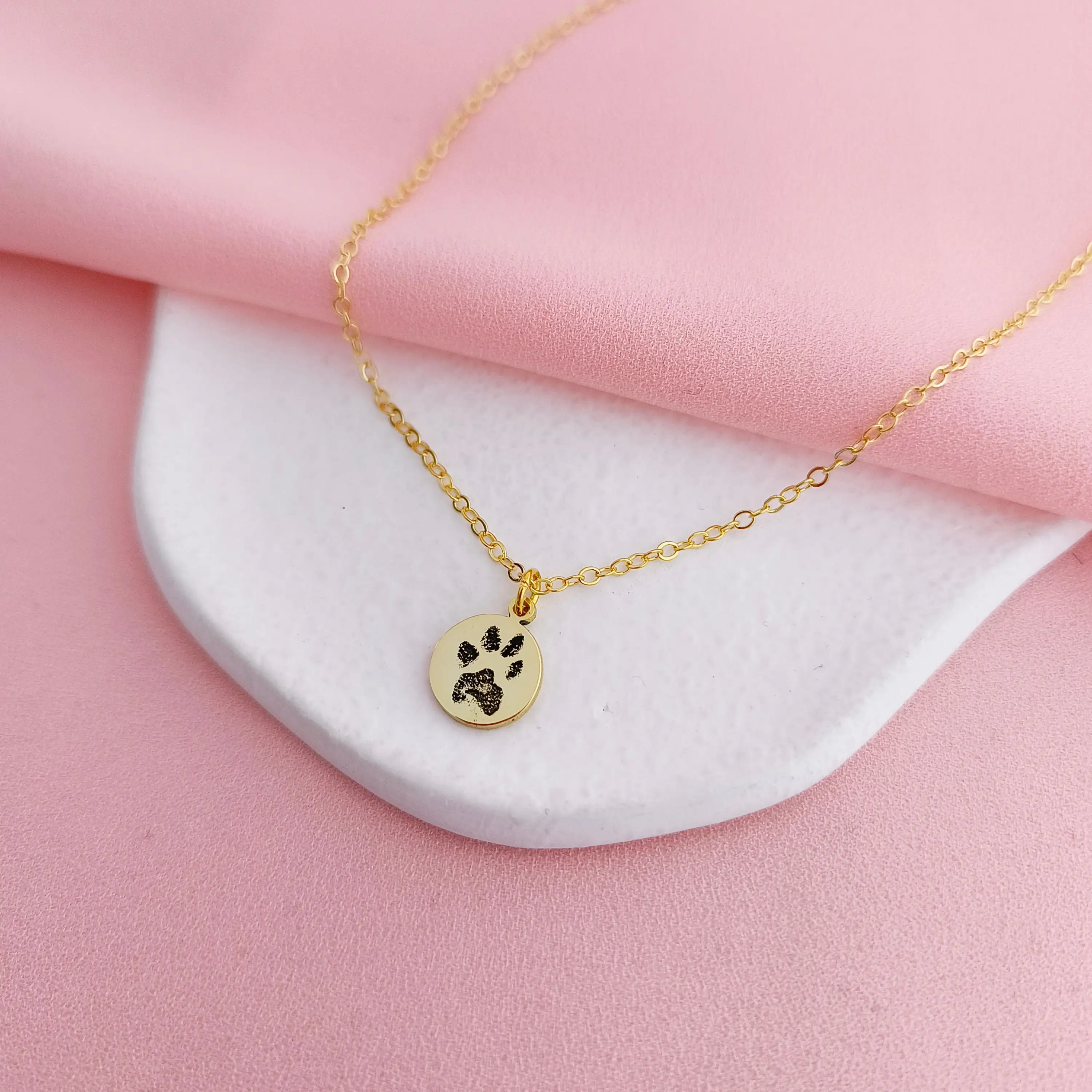 Pawprint Dog Tag Solid 14k Gold Pet Cremation Necklace