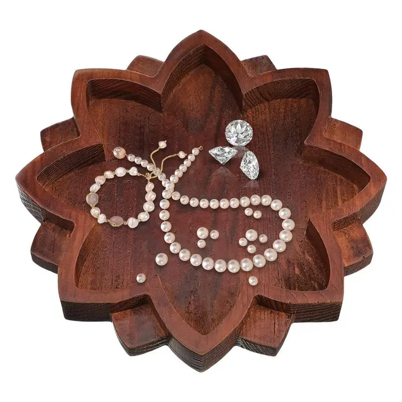 Wooden Lotus Tray Lotus Shape Crystal Stone Holder Crystal Display Tray with Bottom Non-Slip Pad for Aromatherapy Oils Jewelry 2