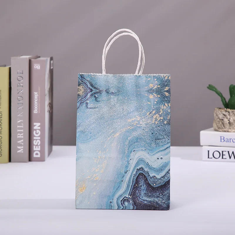 Kraft Paper Gift Bags 5 pcs Marble Design with Handle for Birthday Party Wedding Gifts Eid Ramadan