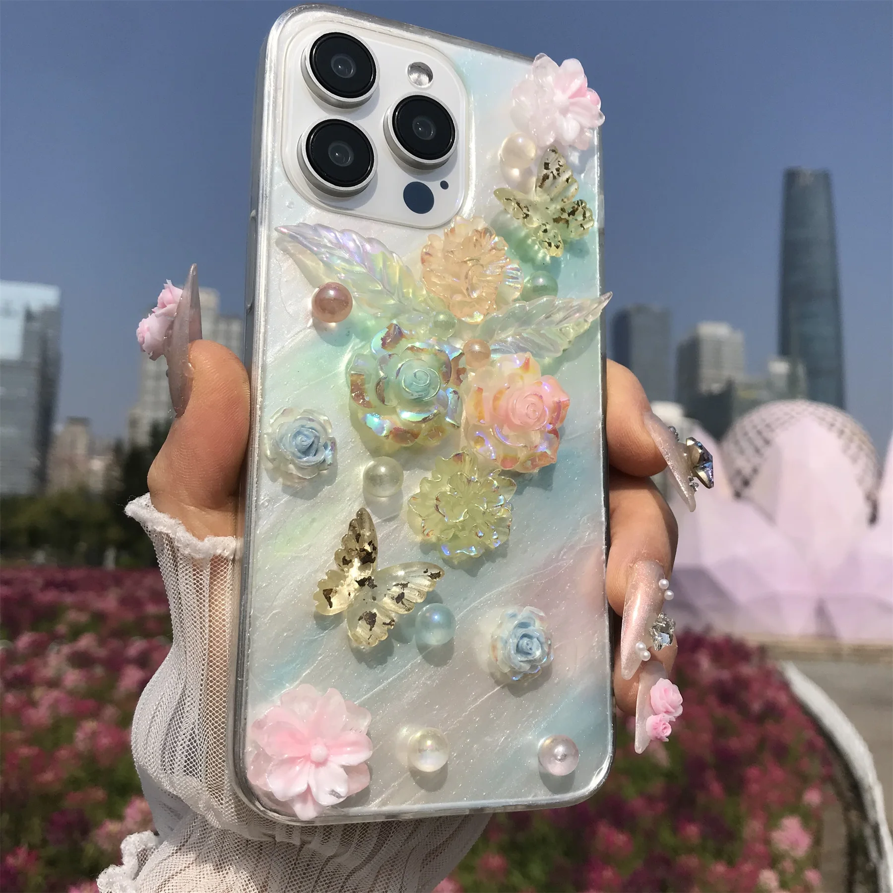 Handmade Dreamy Floral Butterfly Beaded Soft TPU Dustproof Phone Case