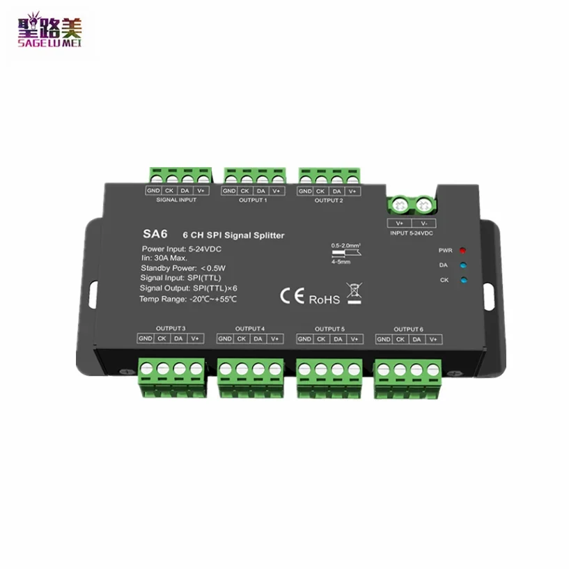 

5-24VDC 6 Way SPI Signal Splitter SA6 12V 6CH TLL Amplifier Repeater For WS2811 WS2812 2815 2813 RGB RGBW Addressable LED Tape