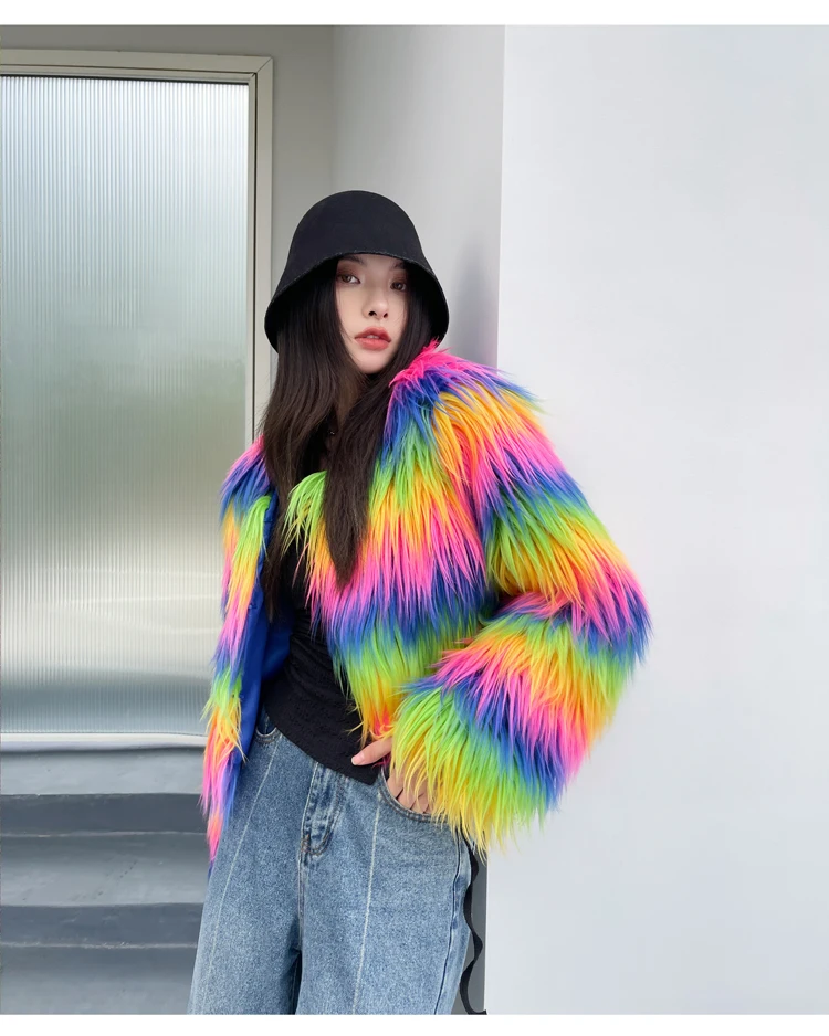 Rainbow Colored Faux Fur Coat Short Jacket Women's Clothing Free Shipping