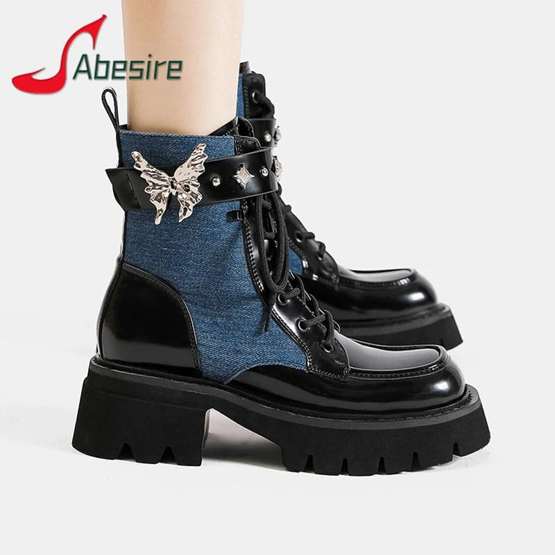 

Denim Genuine Leather Women's Short Boots Butterfly Chain Rivet Thick Soled Knight Boots Autumn Winter New Platform Female Shoes