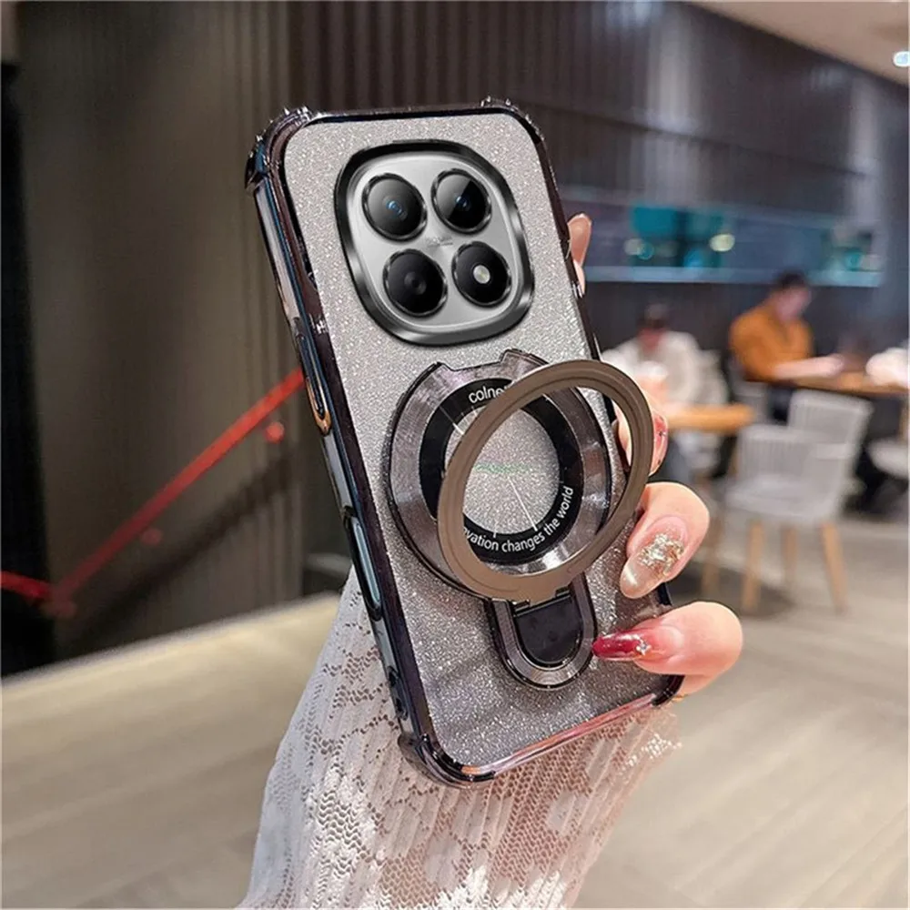 Glitter 4-Point Anti-Fall Plating Kickstand Phone Case with Magnetic Cover