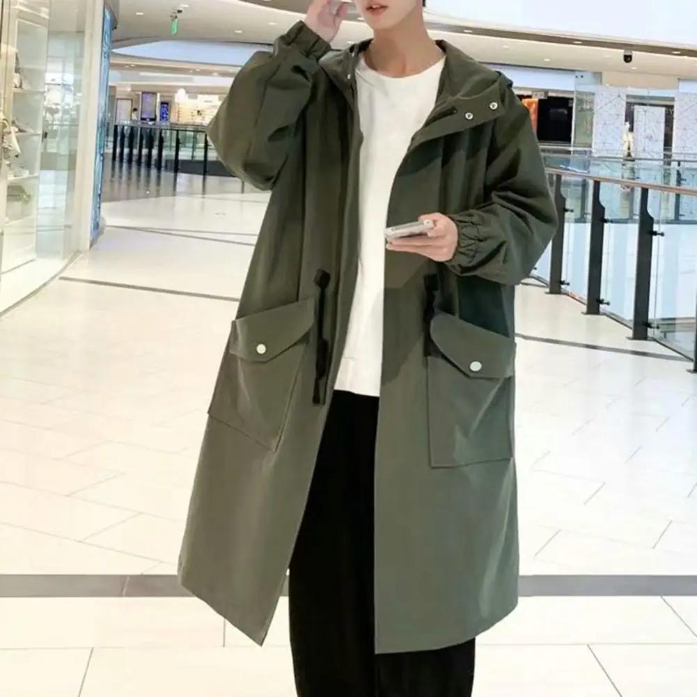 

Men Hooded Windbreaker Streetwear Men's Trench Coat with Hood Big Pockets Windproof Design Mid Length Zipper Closure for Men