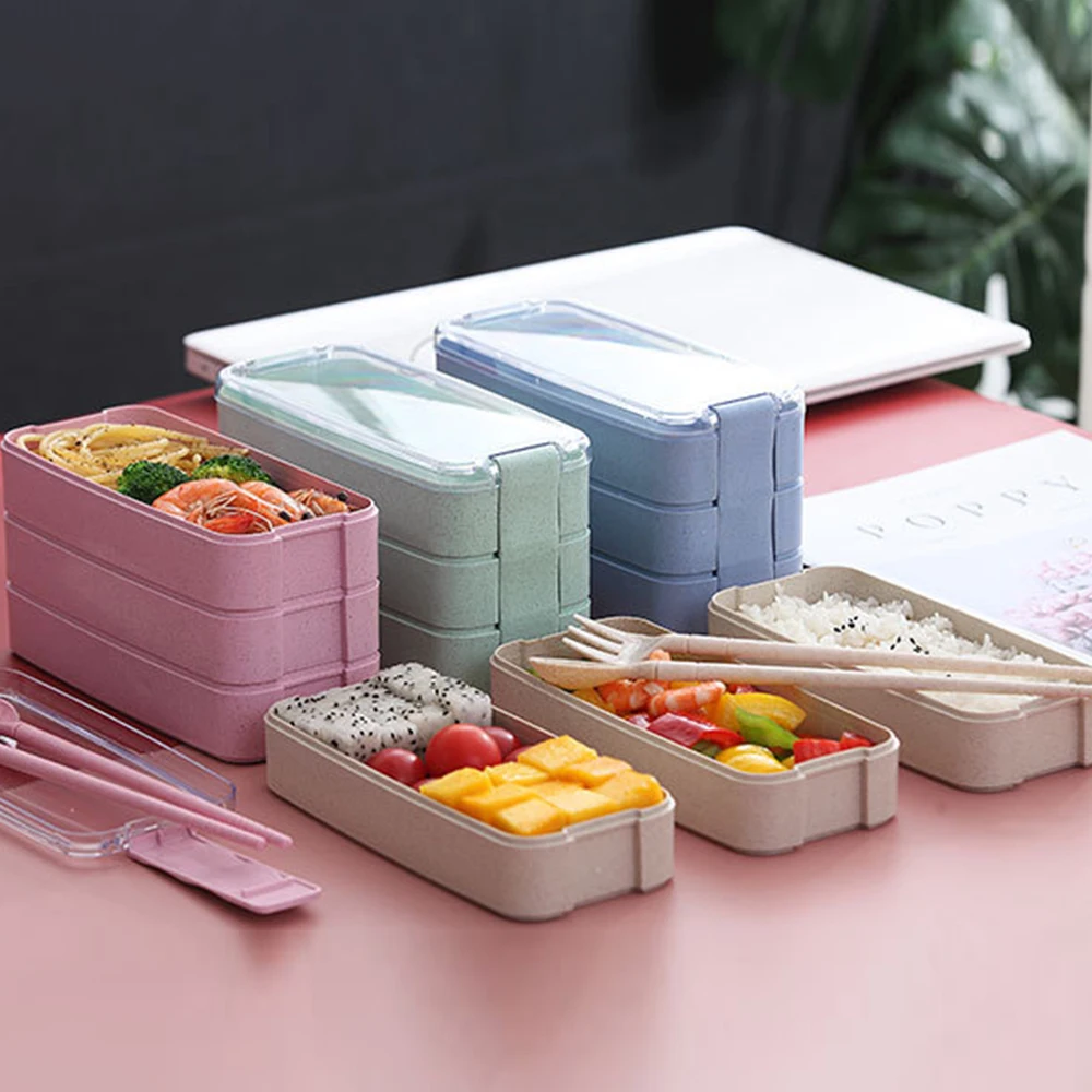 Lunch Box 3 Layer Wheat Straw Bento Box Eco Food Storage Microwave