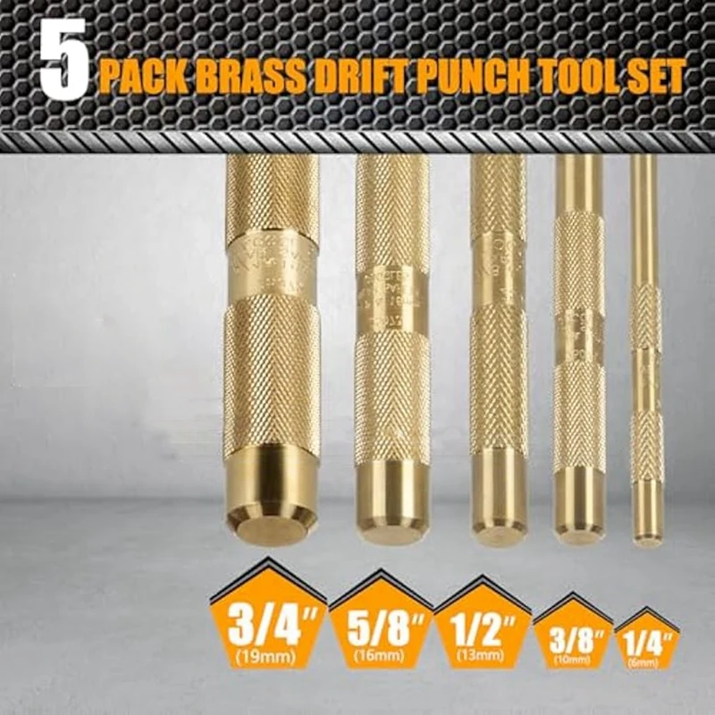 Brass Drift Punch Tool Set 5 Piece With 1/4 Inch, 3/8 Inch, 1/2 5/8 3/4 Inch Brass Drift Punches