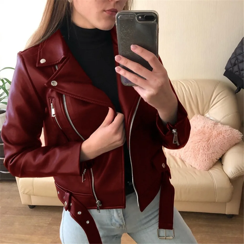 

2023 Autumn Winter Women'S Leather Jacket Coat Fashion Vintage Zippers Faux Leathers Casual Simple Cool Short Soft Warm Coats