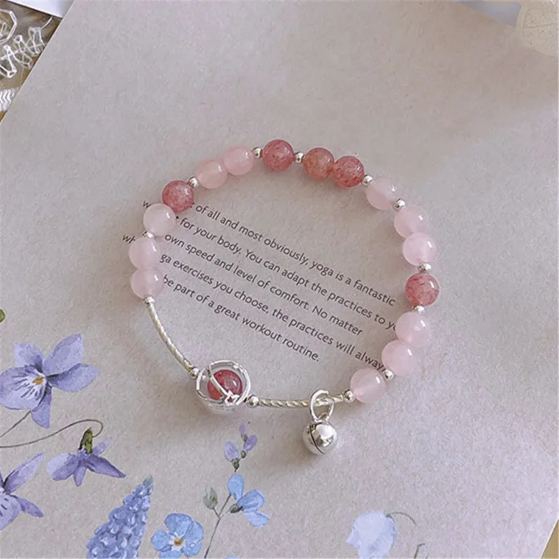 

S925 Silver Handmade Luxury Women Bracelet Bell Pendant Natural Strawberry Quartz Pink Quartz Romantic Fine Jewelry Girl Gift