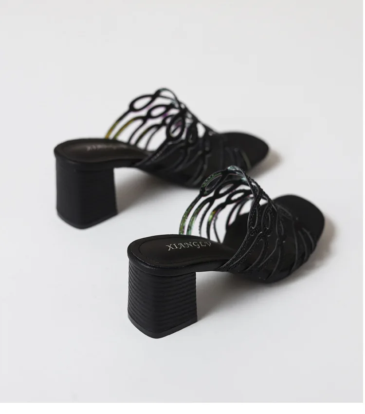 322-5 High Heel Sandals for  2023 New Summer Versatile Casual Rhinestone Thick Heel Roman Shoes for Women