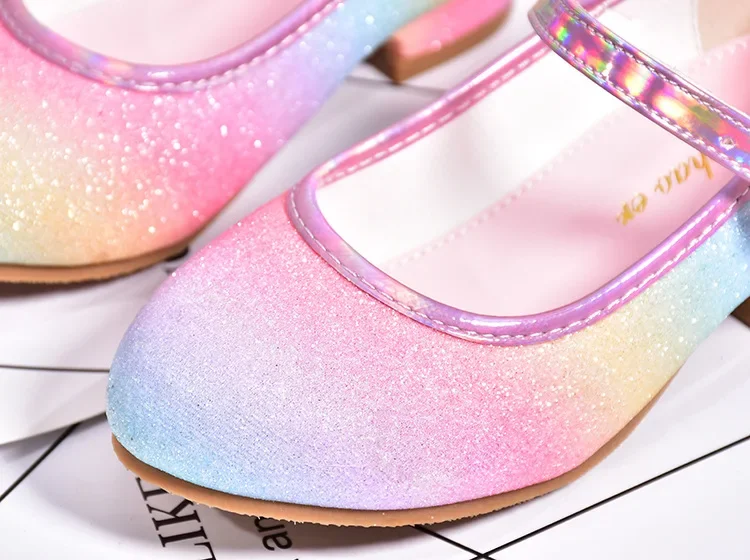 Prinzessin Schuhe für Mädchen Frühling Herbst Glitter Mode Kinder Kleid Leder Schuh Regenbogen Pailletten Kinder Party Hochzeit High Heels – Detail 5
