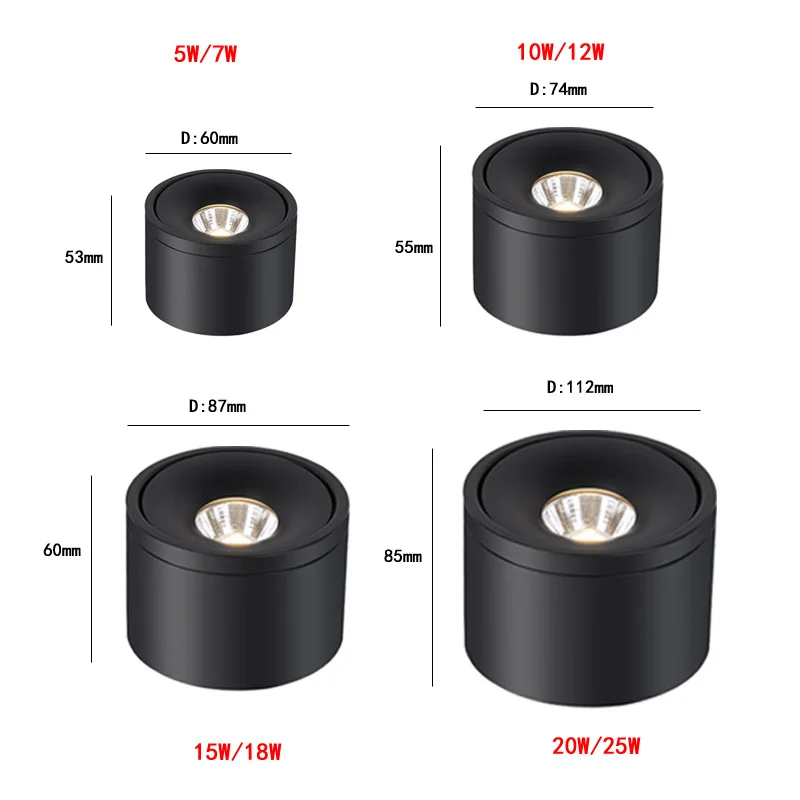 회전식 조광 가능 표면 장착 LED COB 천장, 다운라이트 램프, 배경 스포트라이트, 가정용 실내, 5W, 7W, 12W, 15W, 20W, 85-26V