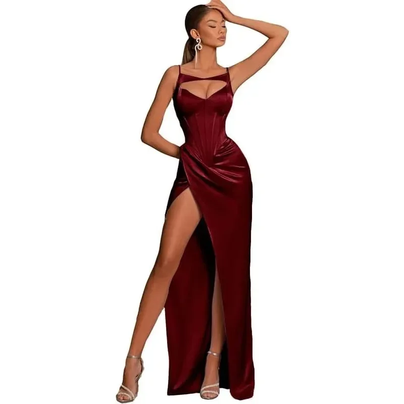 

Wakuta Long V Neck Mermaid Prom Dress Evening Gown Spaghetti Straps Cocktail Dresses with High Slit Vestidos Longo Mãe Noivo