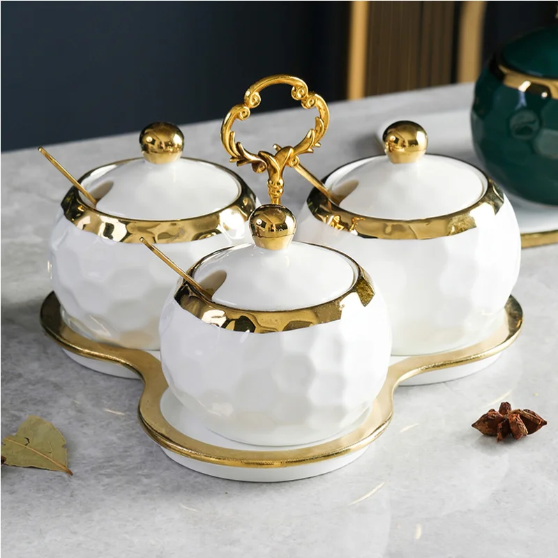 Creative Seasoning Jar Sugar Bowl Green Gold Edge Glass Jar Ceramic Pepper Chili Box Household Seasoning Box Kitchen Supplies ceramic storage jar spice storage box