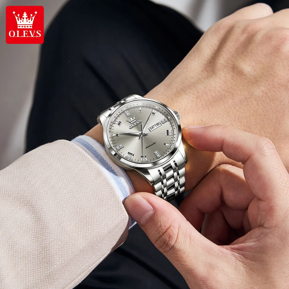 OLEVS 7062 Business Men's Watches Waterproof Weekly Calendar Automatic Mechanical Watch Waterproof Stainless Steel Roman Scale 4
