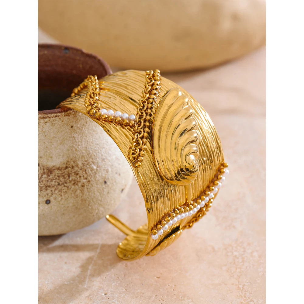 Yhpup Bracelet Wide Ocean Conch Shell Open Stainless Steel Summer Holiday