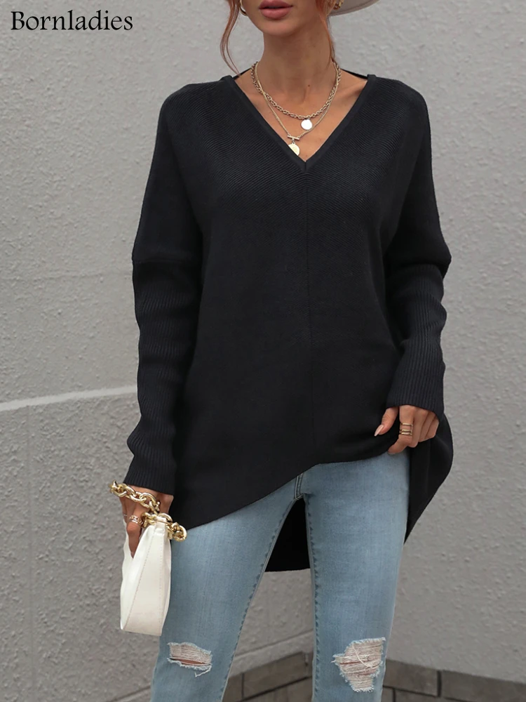 Bornladies Women's Sweater Autumn Winter New V-Neck Solid Color Pullover Loose-fitting Knit Tops Elegant Fashion Sweaters