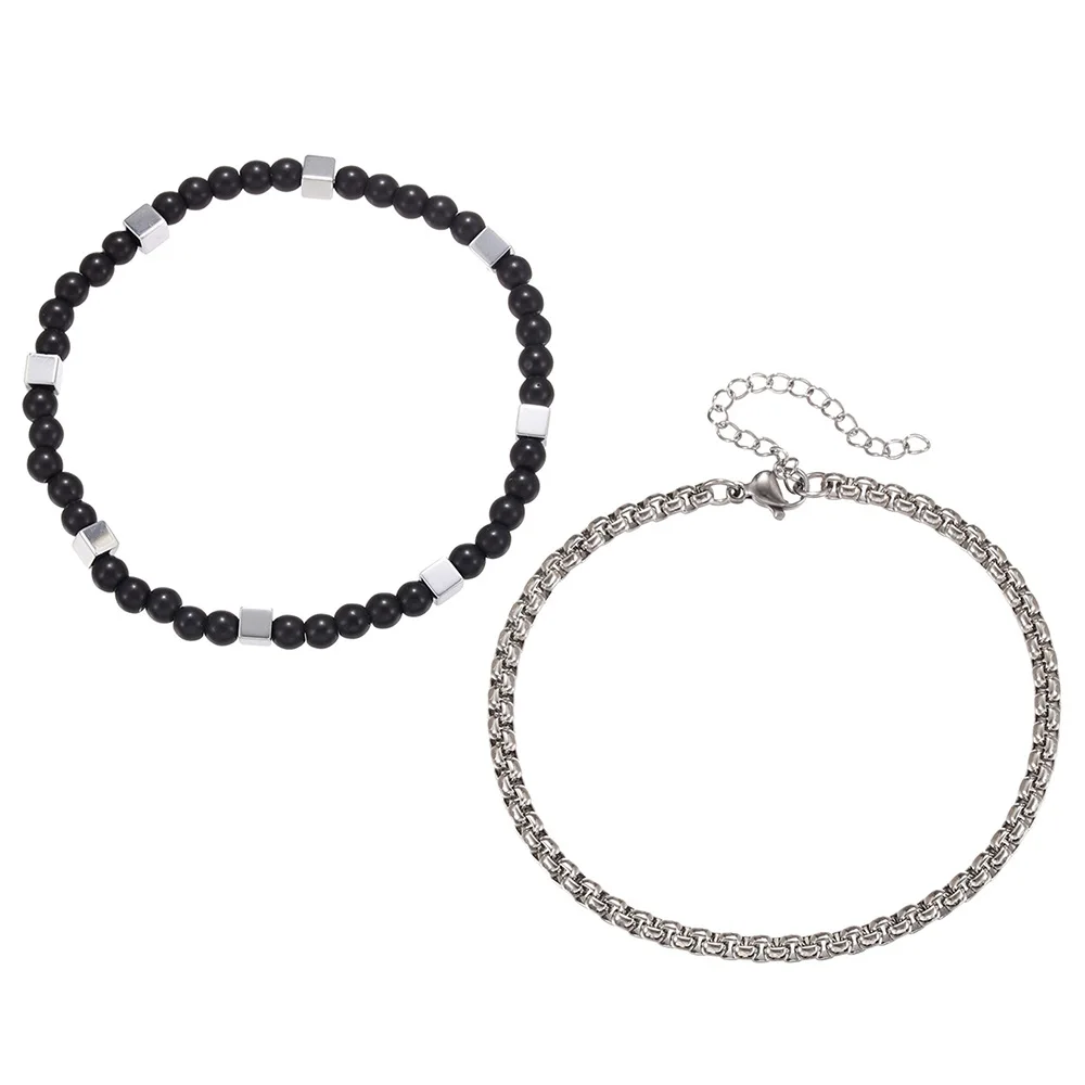 Stainless Steel Cuban Chain Bracelet Set for Men with Onyx Beads