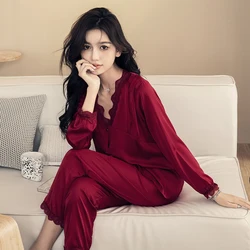 New Elegant Ladies Faux Silk Polyester lace Pajama Sets Sexy Homewear Women Casual Luxury Pajamas Thin Pajamas Female Sleepwear