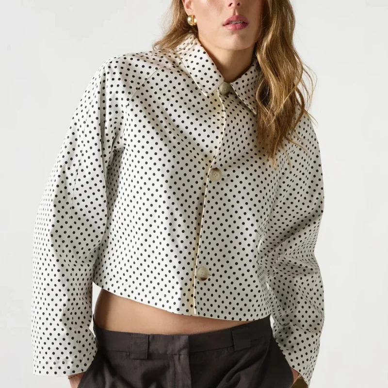 Mode Polka Dot drehen-unten Kragen Jacken Frauen Elegante Volle Hülse Einreiher Kurzen Mantel Dame Herbst Chic Casual mantel – Detail 7