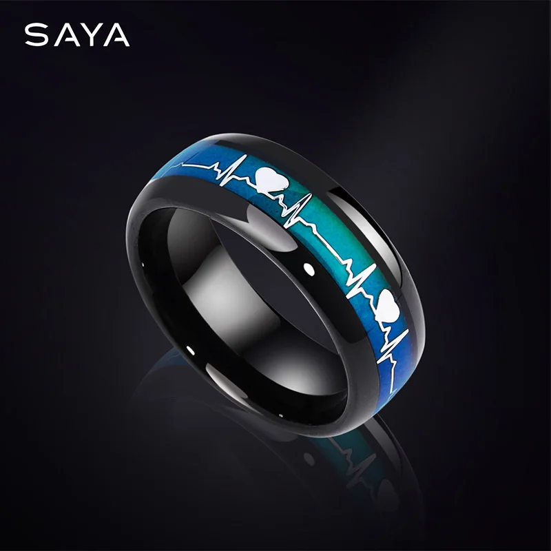 8mm Width Black Color Tungsten Carbide Rings Temperature Band with Heart Beating Pattern Temperature-sensitive Color, Engraving