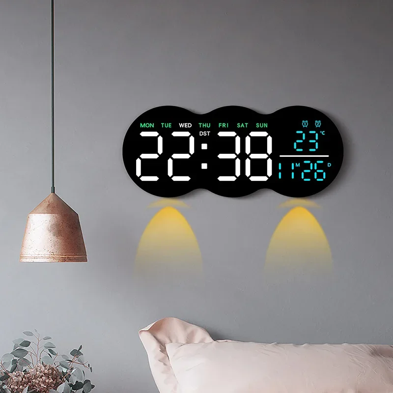 Digital Wall Clock with Remote Control Auto Ambient Light Sensor Temperature Week Display Dual Alarm Clock LED Disply Clocks